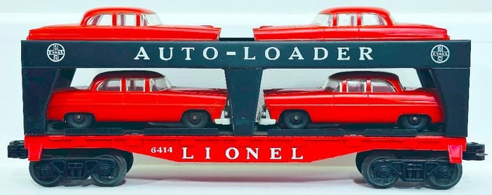 Lionel Postwar O Gauge 6414 Auto Loader with 4 red autos