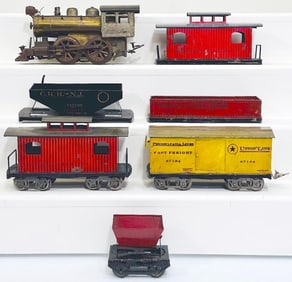 Elektoy Prewar 2 inch 0 -4 -0 Brass Locomotive and Five (5) Assorted Freight Cars -Mining Car