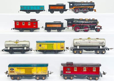 Lionel Prewar O Gauge 2–4–0 Red Frame Black Locomotive and Tender/0–4 –0 Orange Frame and