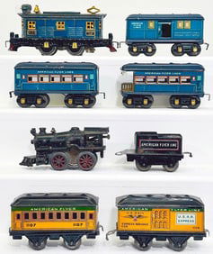 American Flyer Prewar O Gauge 3113 Blue Electric Loco and Blue Litho and Blue Roof Passenger Cars