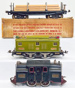 Lionel Prewar Standard Gauge 211 Lumber Car/8E Olive Green Electric Locomotive and 33 Black Electric