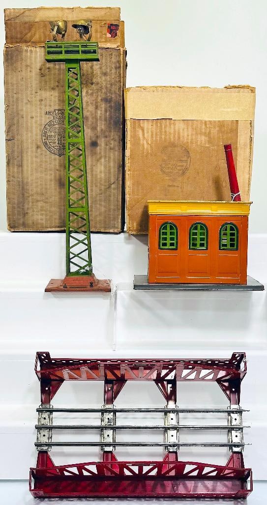 Lionel Prewar 436 Power Station -92 Floodlight Tower, early colors -280 Single Span Bridge red (1 of 11)
