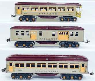 Lionel Prewar O Gauge 1685 -1686 -1687 gray and vermillion Passenger Cars