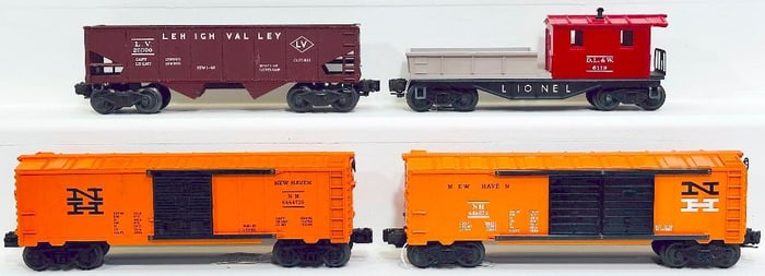 Lionel Postwar O Gauge 6468 -25 Double Door Box Car/6464 -725/6119 Work Caboose/6456 maroon Hopper