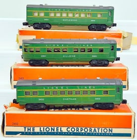 Lionel Postwar O Gauge 2400 -2401 -2402 green and gray Passenger Cars
