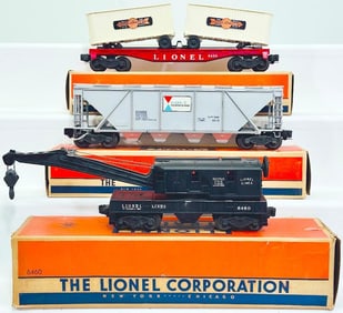 Lionel Postwar O Gauge 6430 Trailer Flat Car/6346 Alcoa Car/6460 Crane Car