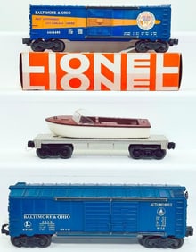 Lionel Postwar O Gauge 6464 -400 B&O Box Car/6468 B&O Automobile Car/6402 Flat Car with Boat