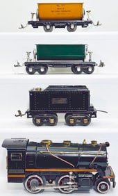 Lionel Prewar O Gauge 258 Black and Orange Stripe Locomotive and Tender with 809 Orange Dump Car