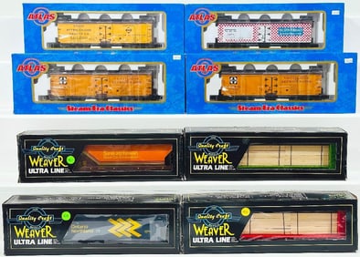 Atlas Modern O Gauge 40 foot Woodside Refrigerator Car X4 Erie - Ralston Purina - Santa Fe X2 Boxed