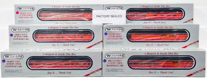 Williams Modern O Gauge Six (6) Assorted 80 foot Luxury Liner Southern Pacific Passenger Cars Boxed