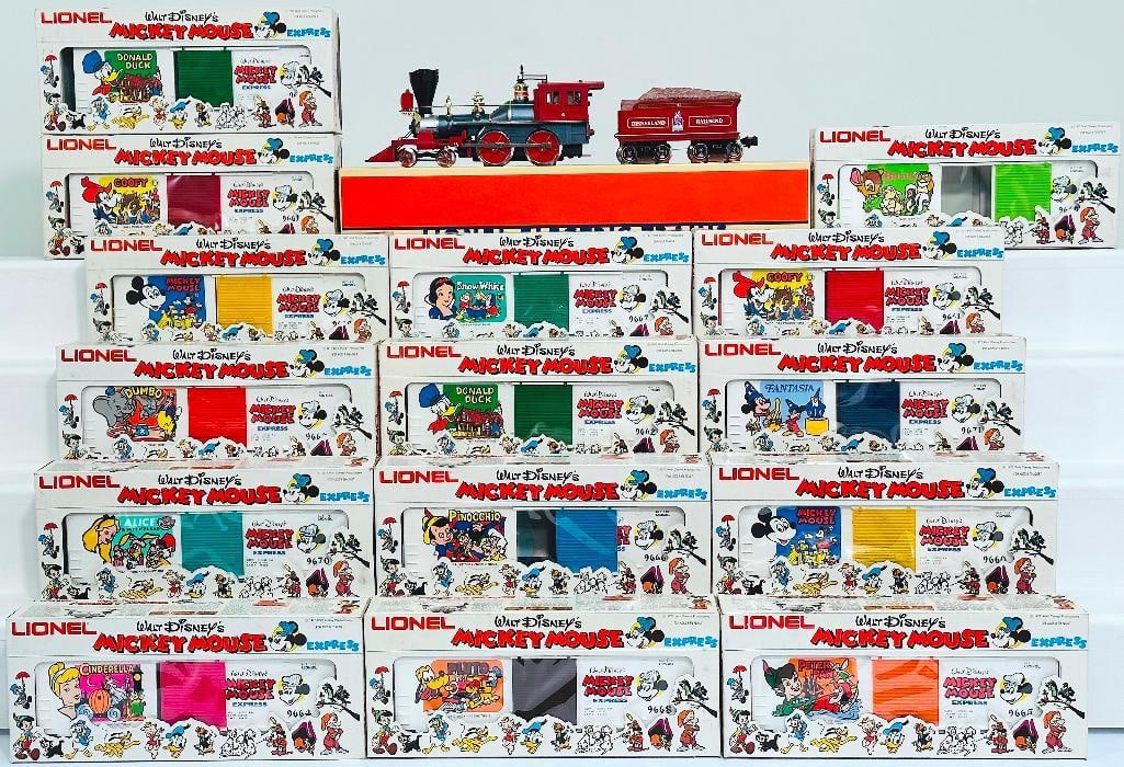 Lionel Modern O Gauge Disneyland 35th Anniversary 4?4?0 American Engine and Tender with display case: Lionel Modern O Gauge Disneyland 35th Anniversary 4 - 4 - 0 American Engine and Tender with display case and Fifteen (15) Assorted Walt Disney Freight Cars Boxed, including Disneyland 35th Anniversary