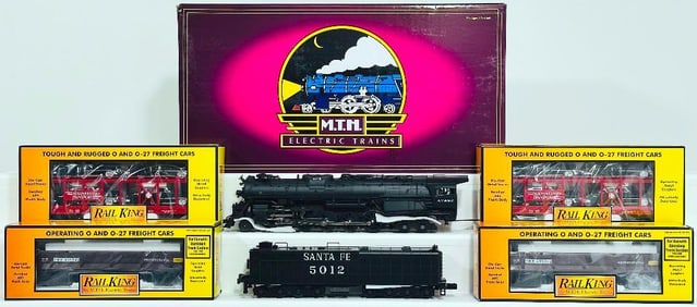 MTH Modern O Gauge Santa Fe 2?10?4 Texas Steam Engine and Tender with PS 2.0 and Four Assorted Cars