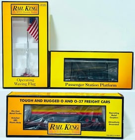 MTH Modern O Gauge American Waving Flag/UP Flat Car with Trailer/Passenger Station Platform