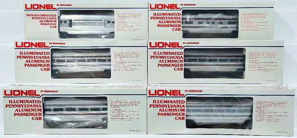 Lionel Modern O Gauge Six (6) Assorted Illuminated Pennsylvania Aluminum Passenger Cars Boxed