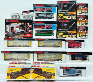 Lionel Modern O Gauge Nineteen (19) Assorted Freight Cars/Right-Hand Remote-Control Switch X2