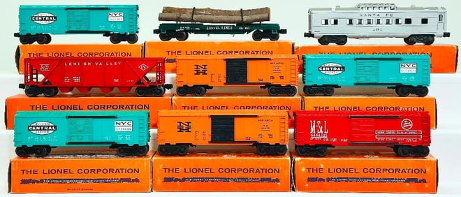 Lionel Postwar O Gauge Nine (9) Assorted Freight and Passenger Cars with original Boxes