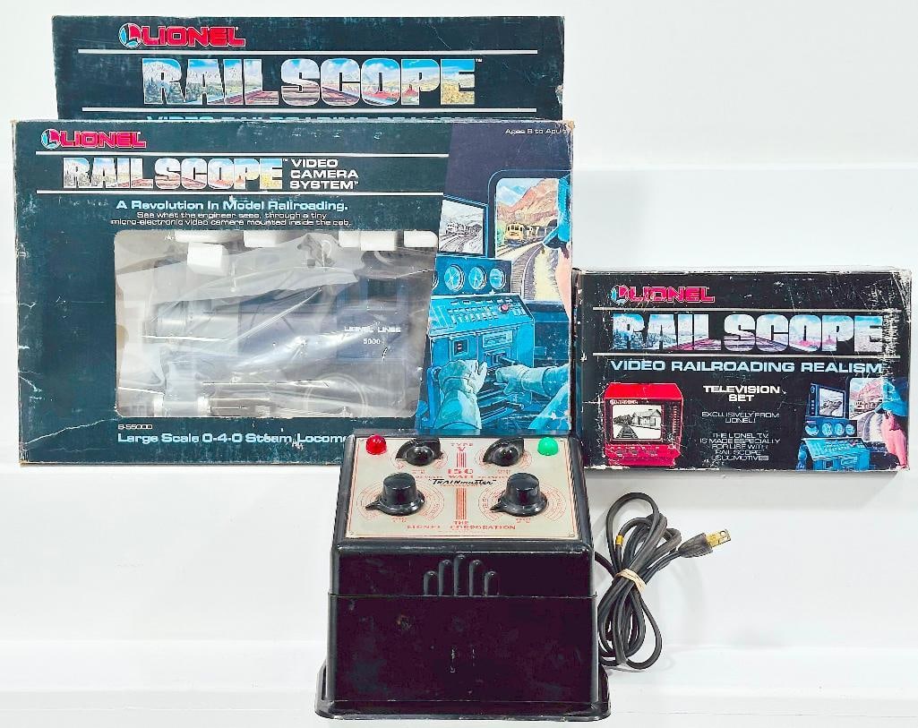 Lionel Modern O Gauge Rail Scope Video Camera System with Large-Scale 0-4-0 Steam Locomotive: Lionel Modern O Gauge Rail Scope Video Camera System with Large-Scale 0 - 4 - 0 Steam Locomotive and Rail Scope with Television Set, each in C7/C8 and each with its original box that each show light w