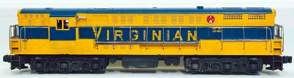 Lionel Postwar O Gauge 2331 yellow and blue Virginian FM: Lionel Postwar O Gauge 2331 yellow and blue Virginian FM, in C7 and screwhole crack at one end.
