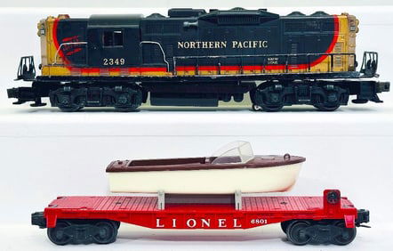 Lionel Postwar O Gauge 2349 Northern Pacific Switcher and 6801 Flat Car with Boat