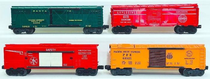 Lionel Postwar O Gauge 6530/6352 PFE Car/6470 Exploding Box Car/3356 REA Horse Car