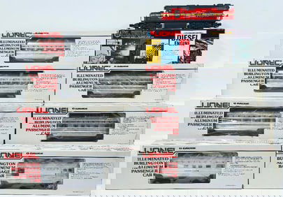 Lionel Modern O Gauge Railroad Club GP - 38 Diesel Engine and 7 Assorted Illuminated Burlington Cars