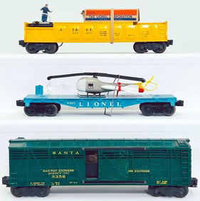 Lionel Postwar O Gauge 6820 Helicopter with missiles /3356 Horse Car/3562 - 50 yellow Barrel Car