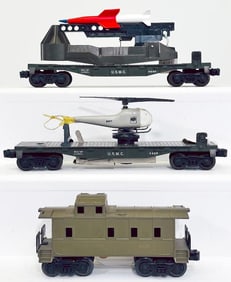 Lionel Postwar O Gauge 6017 Caboose/3429 USMC Helicopter Car/6640 USMC Missile Launching Car
