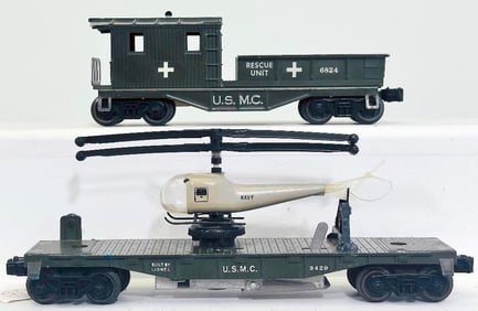 Lionel Postwar O Gauge 6824 USMC Rescue Unit and 3429 USMC Helicopter Car