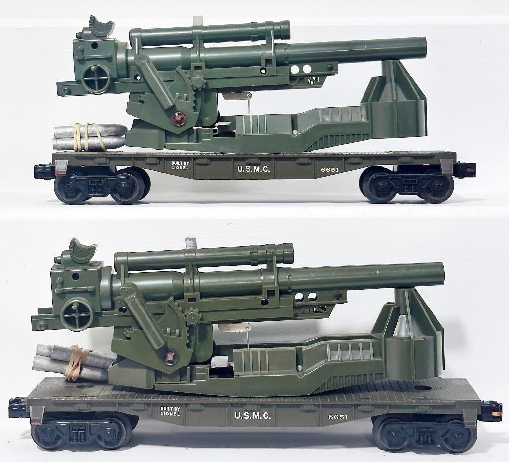 Lionel Postwar O Gauge 6651 USMC Cannon Firing Car X2: Lionel Postwar O Gauge 6651 USMC Cannon Firing Car X2, with a 6651 in C7 plus and with four(4) wooden silver shells and the other 6651 in C7 with four (4) wooden silver shells.