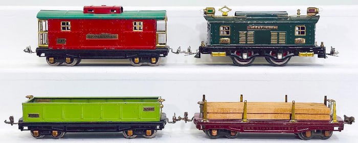 Lionel Prewar O Gauge 253 Dark Green Electric Locomotive?817 Caboose?811 Maroon Flat Car?812 Gondola
