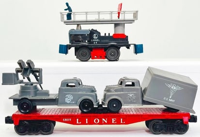 Lionel Postwar O Gauge 6801 Flat Car with USMC Antiaircraft Truck and USMC Track with US Navy Cover