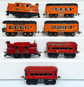 Ives Prewar O Gauge 3255 Orange and Black Electric Locomotive with 133-133-134 Orange Black Cars