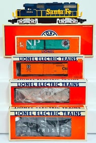 Lionel Modern O Gauge GP–38 Santa Fe Locomotive–Frisco Coil Gondola–Erie Lackawanna Covered