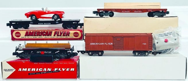 American Flyer Postwar S Gauge 734 Operating Box Car/25003 Log Unloading Car/24578 Sports Car/24579 