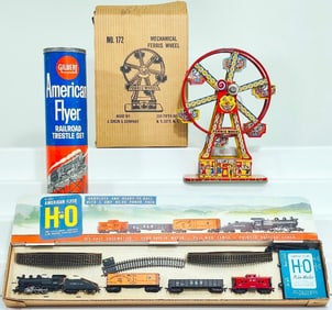 Chein Postwar 172 Mechanical Ferris Wheel Boxed-AF Railroad Trestle Set-AF The Marketeer Set 