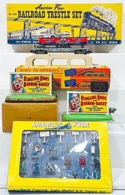 American Flyer Postwar S Gauge 34 Figure Set/780 Railroad Trestle Set/23830 Piggyback Unloader & Car
