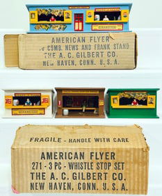 American Flyer Postwar S Gauge 271 3 Piece Whistle Stop Set Boxed/270 Combination News & Frank Stand