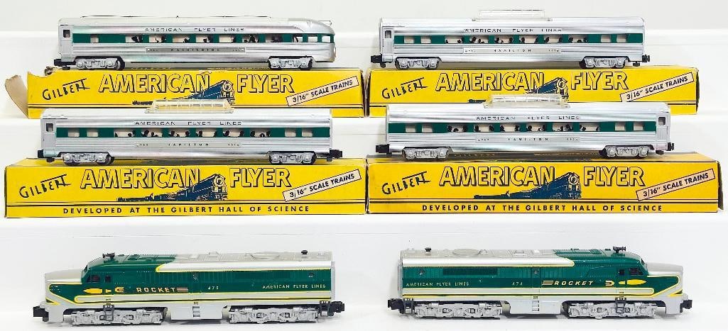 American Flyer Postwar S Gauge Set No. K5364W Silver Rocket Passenger Set: American Flyer Postwar S Gauge Set No. K5364W Silver Rocket Passenger Set, including 474 - 475 Silver Rocket A - A Alco Diesel Units and 962 Green Stripe Vista Dome Car, 962 Green Stripe Vista Dome Ca