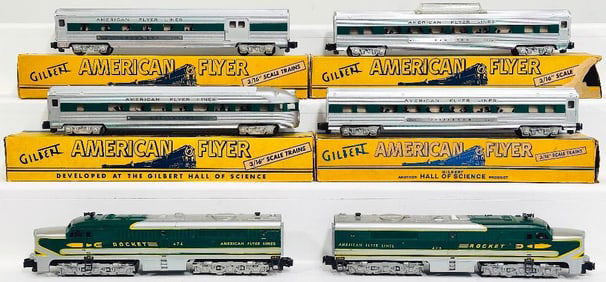 American Flyer Postwar S Gauge 474 and 475 Rocket A-A Diesel Alcos 960-961-962-963 Green Stripe Cars