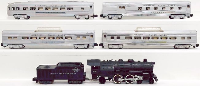 American Flyer Postwar S Gauge 308 Reading Lines Locomotive and Tender/960-961-962-963 Aluminum Cars
