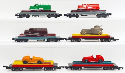 American Flyer Postwar S Gauge Six (6) Flat Cars with loads