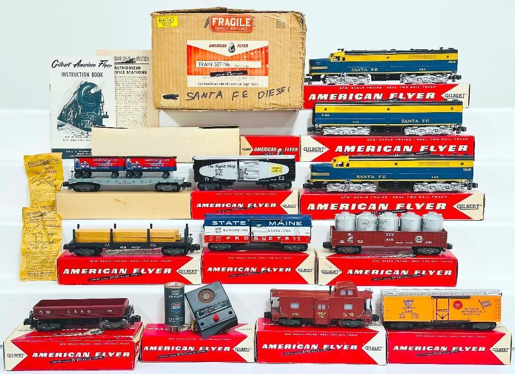 American Flyer Postwar S Gauge Set No. 20380 Santa Fe Chief Freight Set from 1957 Boxed: American Flyer Postwar S Gauge Set No. 20380 Santa Fe Chief Freight Set from 1957 Boxed, including 484 - 485 - 486 Santa Fe A - B - A Alco Diesel Units, 956 Monon Flat Car with 2 trucks, 981 Central o