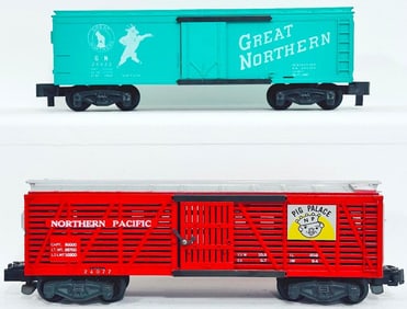 American Flyer Postwar S Gauge 24422 Great Northern Box Car/24077 NP Pig Palace Stock Car RARE