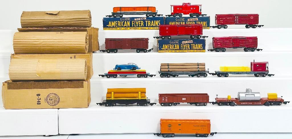 American Flyer Postwar S Gauge 734 Operating Box Car - 747 Log Car - 715 Automobile Car - 10 Cars (1 of 8)