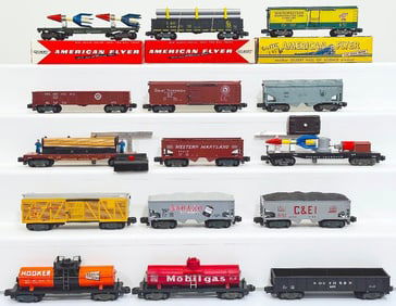 American Flyer Postwar S Gauge Fifteen (15) Assorted Freight Cars with knuckle couplers