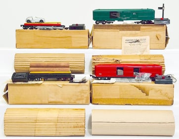 American Flyer Postwar S Gauge 717 Log Unloading Car Boxed/732 red Baggage Car Boxed/718 G Mill Car 