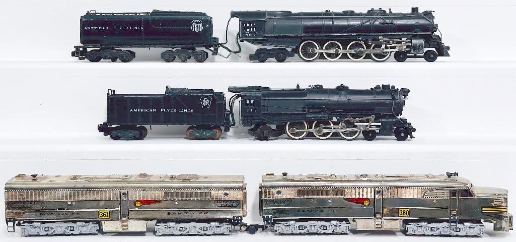 American Flyer Postwar S Gauge 360 & 361 Santa Fe Chrome A–B PA Alco Diesel Units/336 Union: American Flyer Postwar S Gauge 360 and 361 Santa Fe Chrome A – B PA Alco Diesel Units/336 Union Pacific Locomotive and Tender/313 Pennsylvania Railroad Locomotive and Tender, with the 360 and th