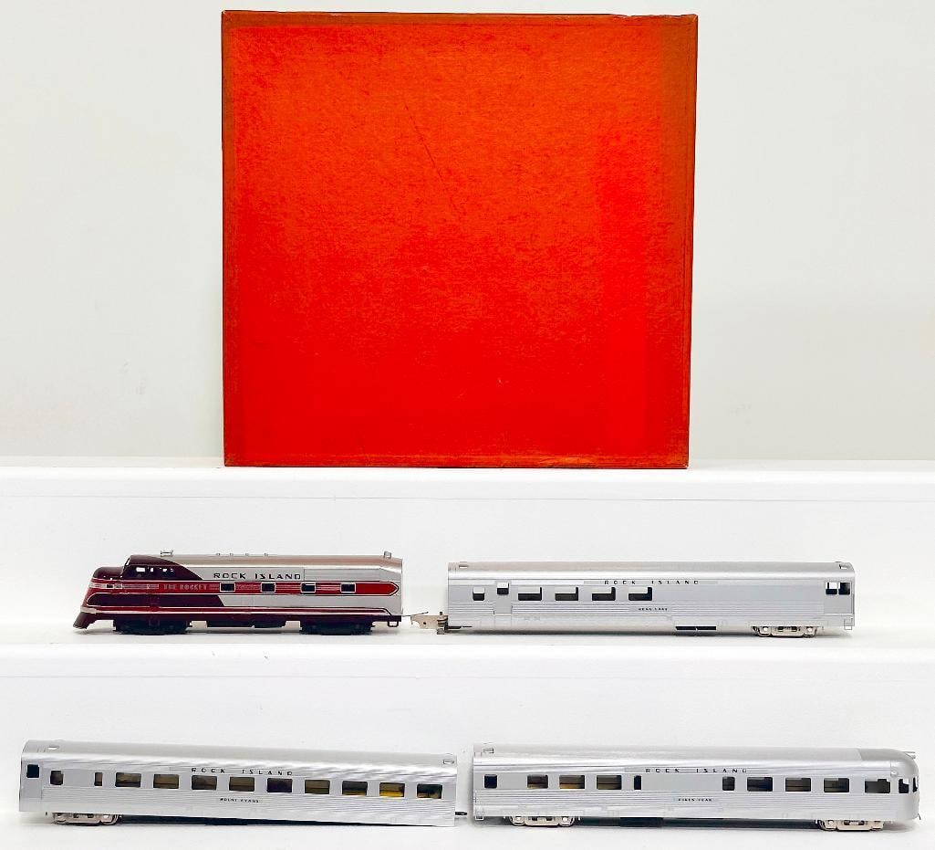 Nickel Plate Products Brass HO Scale Rock Island Rocket with TA Diesel Boxed: Nickel Plate Products Brass HO Scale Rock Island Rocket with TA Diesel Boxed, in C7 plus or better and with its original box. This item operates.