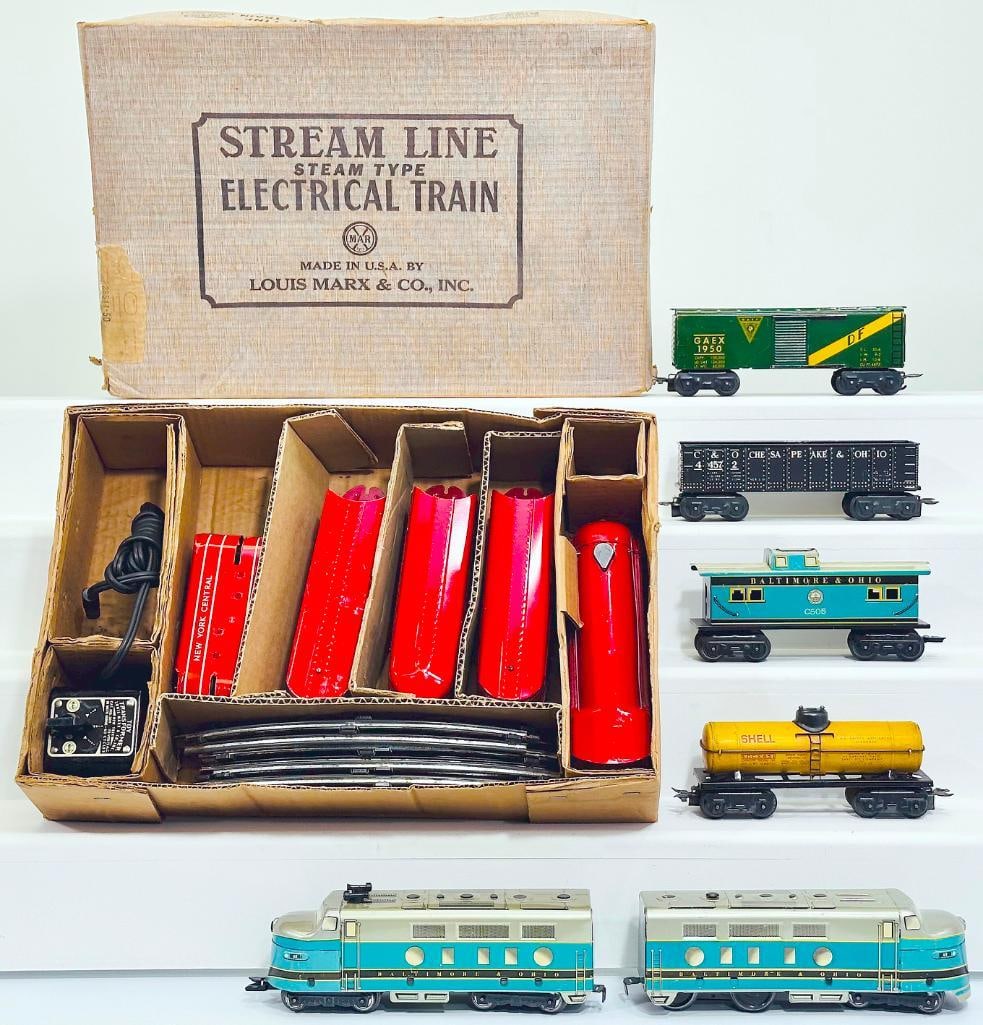 Marx Postwar O Gauge Set No. 7085 Red Mercury Streamliner Passenger Set and the B&O A- A Freight Set (1 of 10)