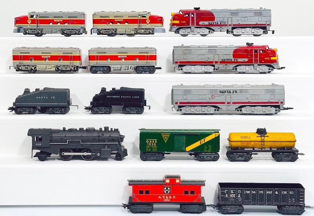 Marx Postwar O Gauge Santa Fe A - A Diesel Units Freight Set and Monon A - B - B - A Diesel Units: Marx Postwar O Gauge Santa Fe A - A Diesel Units Freight Set and Monon A - B - B - A Diesel Units, with the Santa Fe A - B - A, with the Unit A powered Unit in C6 plus to C7 minus, Santa Fe B Unit